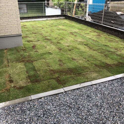 お庭の芝張り作業完了となります。